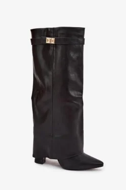 Hot Boto Kozaki Damskie Na Słupku Z Wywiniętą Cholewką I Złotym Detalem Czarne Diorna