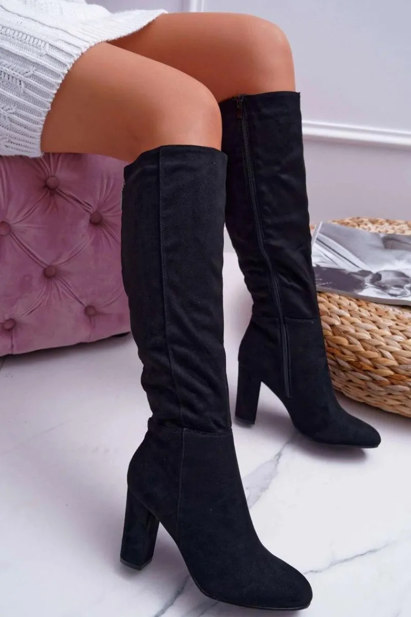 New Boto Kozaki Damskie Na Słupku Zamszowe Czarne Classy