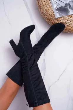 New Boto Kozaki Damskie Na Słupku Zamszowe Czarne Classy