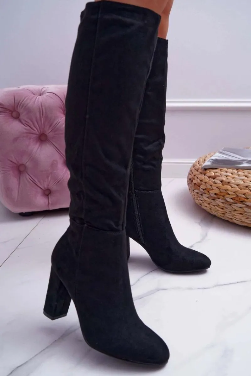 New Boto Kozaki Damskie Na Słupku Zamszowe Czarne Classy