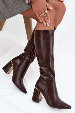 Kozaki Na Słupku|Kozaki Przed Kolano>Boto Kozaki Damskie Na Słupku Ze Złotym Elementem Czekoladowe Alessine