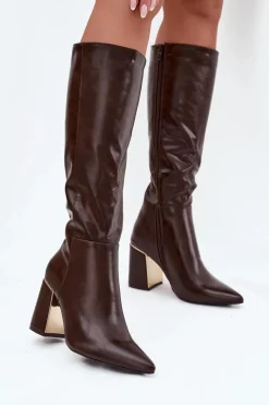 Kozaki Na Słupku|Kozaki Przed Kolano>Boto Kozaki Damskie Na Słupku Ze Złotym Elementem Czekoladowe Alessine