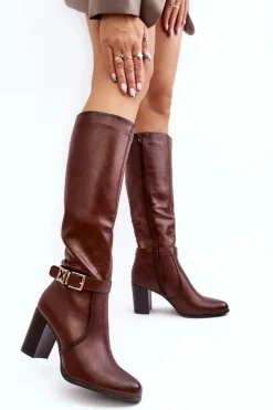 Outlet Buty Sergio Leone Kozaki Damskie Na Słupku Z Klamrą Ocieplane Brązowe Sendilia