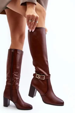 Outlet Buty Sergio Leone Kozaki Damskie Na Słupku Z Klamrą Ocieplane Brązowe Sendilia