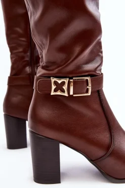 Outlet Buty Sergio Leone Kozaki Damskie Na Słupku Z Klamrą Ocieplane Brązowe Sendilia