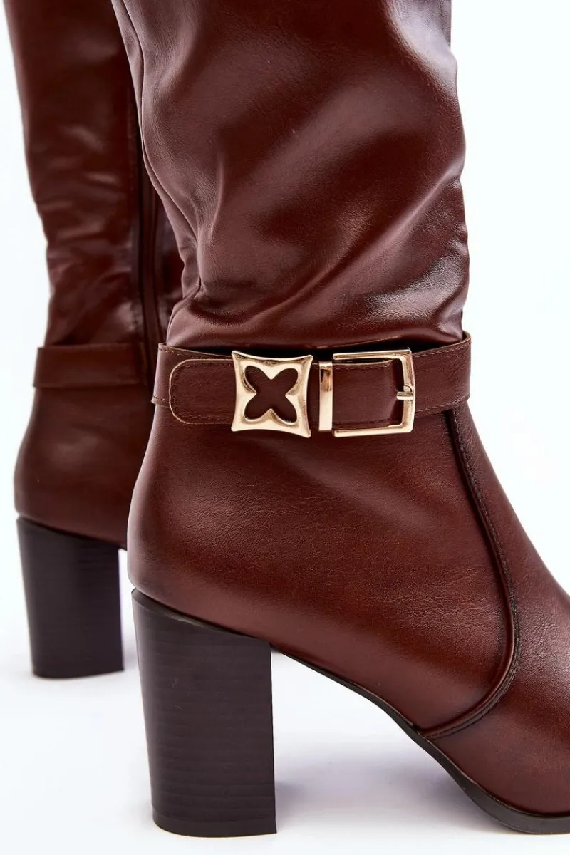 Outlet Buty Sergio Leone Kozaki Damskie Na Słupku Z Klamrą Ocieplane Brązowe Sendilia