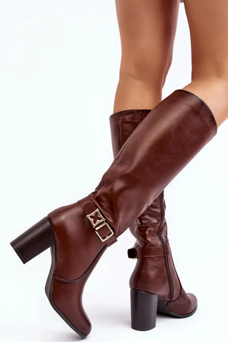 Outlet Buty Sergio Leone Kozaki Damskie Na Słupku Z Klamrą Ocieplane Brązowe Sendilia