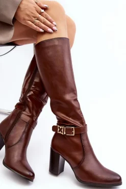 Outlet Buty Sergio Leone Kozaki Damskie Na Słupku Z Klamrą Ocieplane Brązowe Sendilia