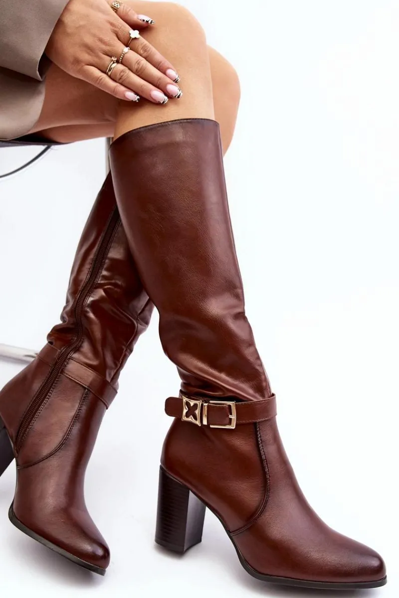 Outlet Buty Sergio Leone Kozaki Damskie Na Słupku Z Klamrą Ocieplane Brązowe Sendilia