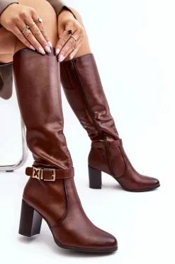 Outlet Buty Sergio Leone Kozaki Damskie Na Słupku Z Klamrą Ocieplane Brązowe Sendilia