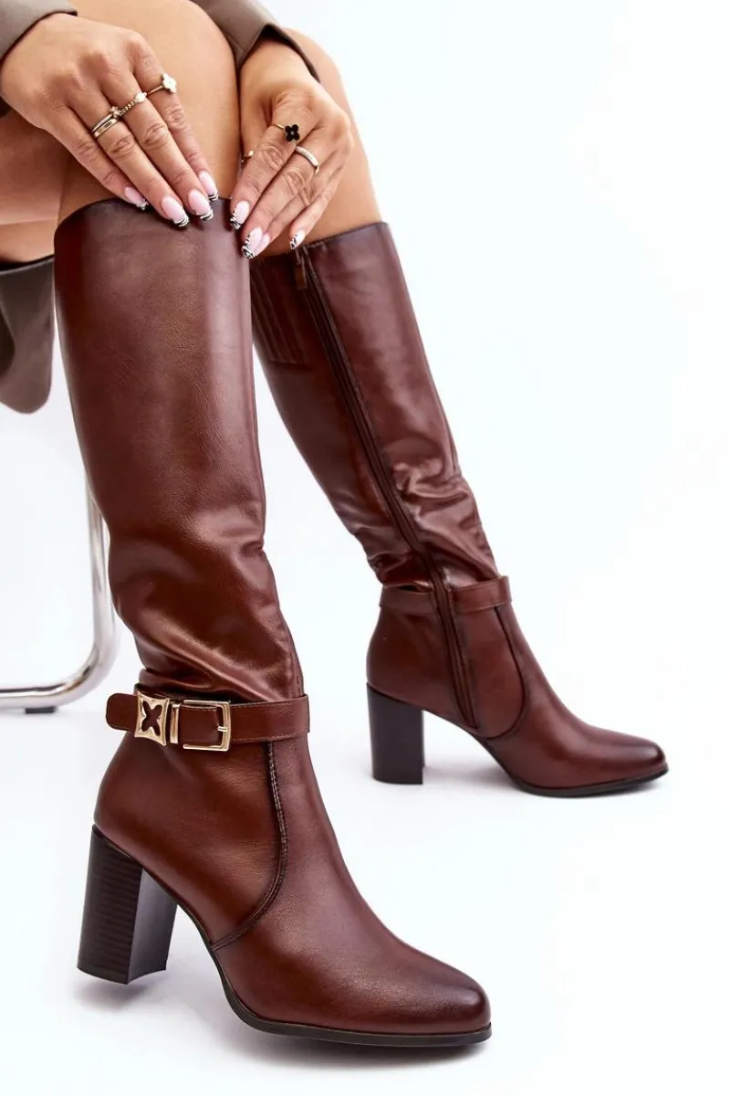 Outlet Buty Sergio Leone Kozaki Damskie Na Słupku Z Klamrą Ocieplane Brązowe Sendilia