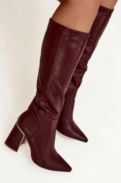 Discount Kozaki Damskie Na Słupku Ze Złotym Elementem Bordowe Alessine Damskie Kozaki Na Słupku|Kozaki Przed Kolano