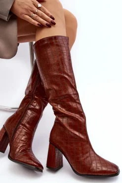 Kozaki Przed Kolano|Kozaki Na Obcasie>Boto Kozaki Damskie Na Słupku Z Ozdobnym Tłoczeniem Brązowe Vabaria