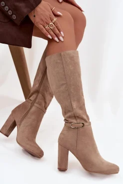 Clearance Boto Kozaki Damskie Na Słupku Ze Złotą Klamrą Ocieplane Beżowe Seraphine Beżowy