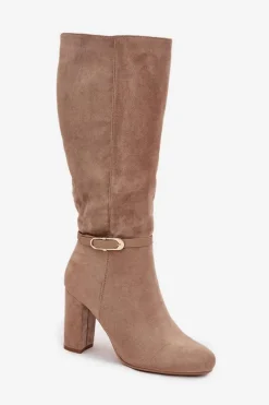 Clearance Boto Kozaki Damskie Na Słupku Ze Złotą Klamrą Ocieplane Beżowe Seraphine Beżowy