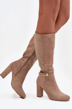 Clearance Boto Kozaki Damskie Na Słupku Ze Złotą Klamrą Ocieplane Beżowe Seraphine Beżowy