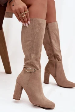 Clearance Boto Kozaki Damskie Na Słupku Ze Złotą Klamrą Ocieplane Beżowe Seraphine Beżowy