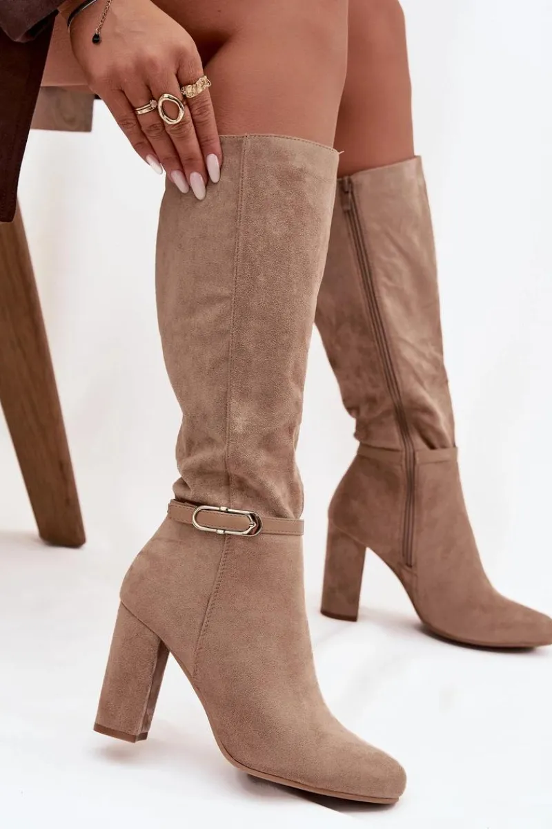 Clearance Boto Kozaki Damskie Na Słupku Ze Złotą Klamrą Ocieplane Beżowe Seraphine Beżowy