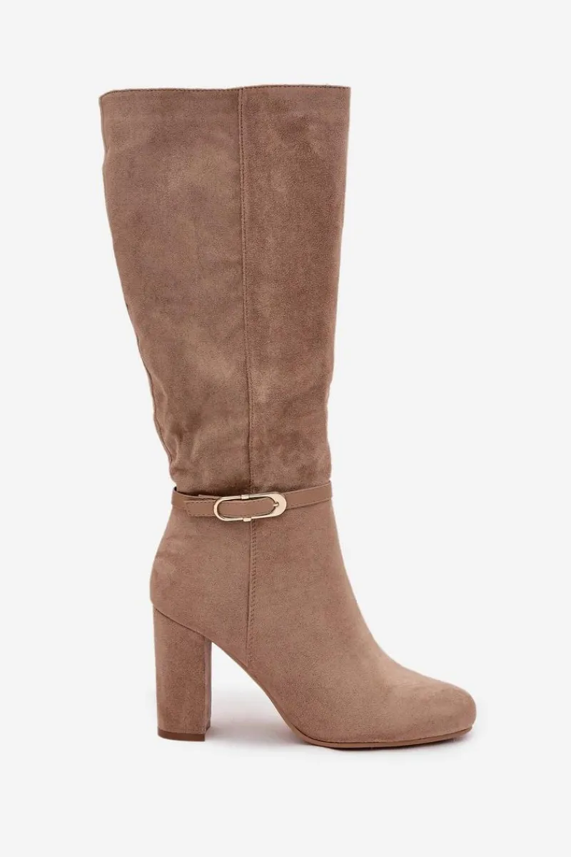 Clearance Boto Kozaki Damskie Na Słupku Ze Złotą Klamrą Ocieplane Beżowe Seraphine Beżowy