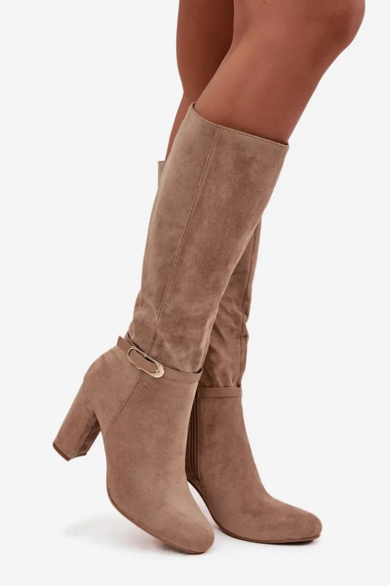 Clearance Boto Kozaki Damskie Na Słupku Ze Złotą Klamrą Ocieplane Beżowe Seraphine Beżowy