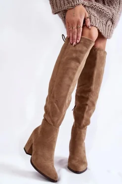 Clearance Buty damskie Vinceza Kozaki Damskie Na Słupku Zamszowe Beżowe Corrig