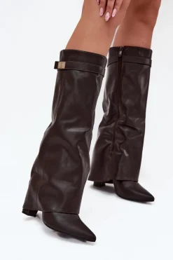 Kozaki Ocieplane|Kozaki Na Słupku>Boto Kozaki Damskie Na Słupku Z Wywiniętą Cholewką I Złotym Detalem Czekoladowe Diorna