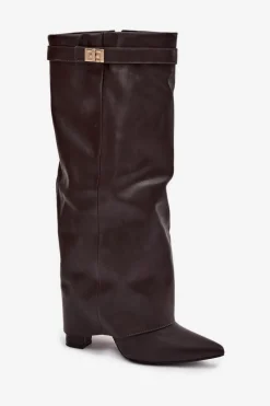 Kozaki Ocieplane|Kozaki Na Słupku></noscript>Boto Kozaki Damskie Na Słupku Z Wywiniętą Cholewką I Złotym Detalem Czekoladowe Diorna