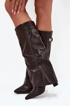 Kozaki Ocieplane|Kozaki Na Słupku></noscript>Boto Kozaki Damskie Na Słupku Z Wywiniętą Cholewką I Złotym Detalem Czekoladowe Diorna