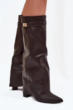 Kozaki Ocieplane|Kozaki Na Słupku></noscript>Boto Kozaki Damskie Na Słupku Z Wywiniętą Cholewką I Złotym Detalem Czekoladowe Diorna