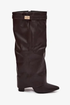 Kozaki Ocieplane|Kozaki Na Słupku></noscript>Boto Kozaki Damskie Na Słupku Z Wywiniętą Cholewką I Złotym Detalem Czekoladowe Diorna