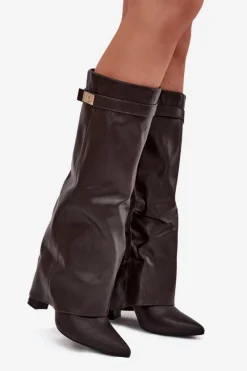 Kozaki Ocieplane|Kozaki Na Słupku></noscript>Boto Kozaki Damskie Na Słupku Z Wywiniętą Cholewką I Złotym Detalem Czekoladowe Diorna