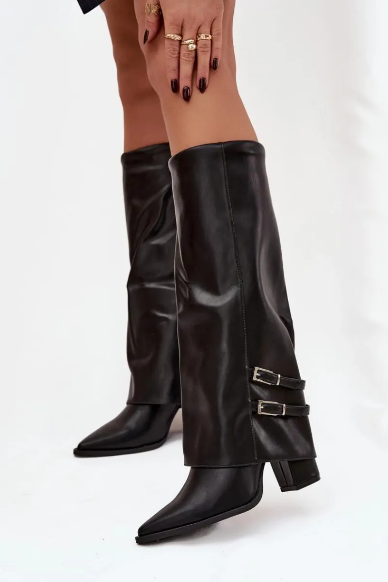 Best Boto Kozaki Damskie Na Słupku Z Wywiniętą Cholewką I Klamrami Jessae Czarne