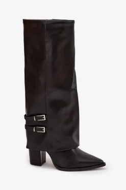 Best Boto Kozaki Damskie Na Słupku Z Wywiniętą Cholewką I Klamrami Jessae Czarne