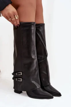 Best Boto Kozaki Damskie Na Słupku Z Wywiniętą Cholewką I Klamrami Jessae Czarne