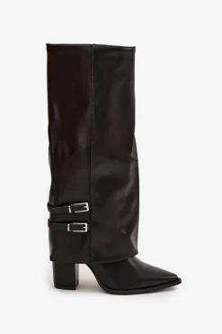 Best Boto Kozaki Damskie Na Słupku Z Wywiniętą Cholewką I Klamrami Jessae Czarne