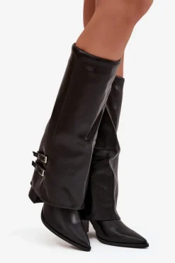 Best Boto Kozaki Damskie Na Słupku Z Wywiniętą Cholewką I Klamrami Jessae Czarne