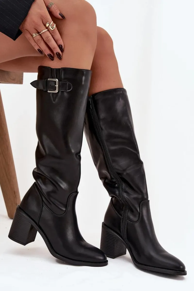 Kozaki Ocieplane|Kozaki Na Słupku>Boto Kozaki Damskie Na Słupku Z Klamrą Czarne Brenira Czarny