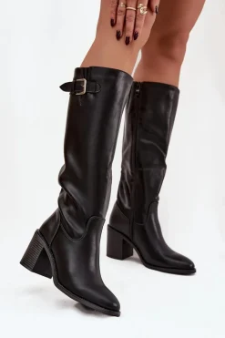 Kozaki Ocieplane|Kozaki Na Słupku>Boto Kozaki Damskie Na Słupku Z Klamrą Czarne Brenira Czarny