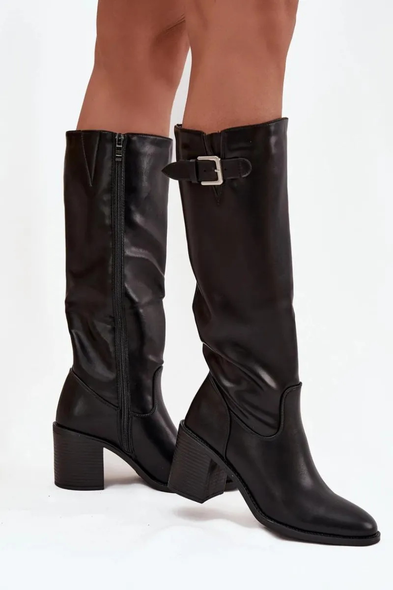 Kozaki Ocieplane|Kozaki Na Słupku>Boto Kozaki Damskie Na Słupku Z Klamrą Czarne Brenira Czarny