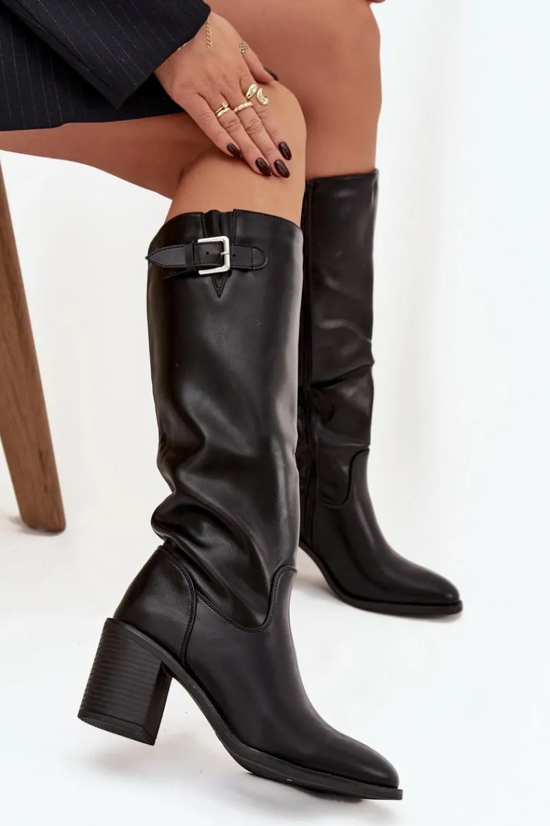 Kozaki Ocieplane|Kozaki Na Słupku>Boto Kozaki Damskie Na Słupku Z Klamrą Czarne Brenira Czarny