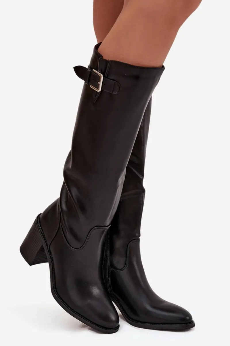 Kozaki Ocieplane|Kozaki Na Słupku>Boto Kozaki Damskie Na Słupku Z Klamrą Czarne Brenira Czarny