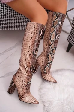 Boto Kozaki Damskie Na Słupku Zwierzęca Faktura Brązowe Brouny