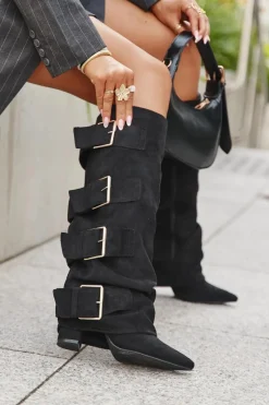 Kozaki Ocieplane|Kozaki Na Słupku>Boto Kozaki Damskie Na Słupku Z Wywiniętą Cholewką I Złotymi Klamrami Eko Zamszowe Czarne Isavelle Czarny