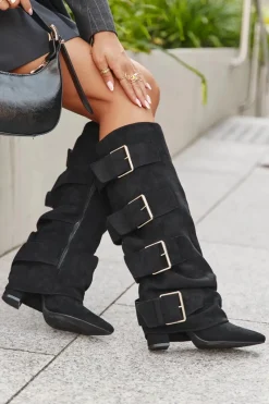 Kozaki Ocieplane|Kozaki Na Słupku>Boto Kozaki Damskie Na Słupku Z Wywiniętą Cholewką I Złotymi Klamrami Eko Zamszowe Czarne Isavelle Czarny