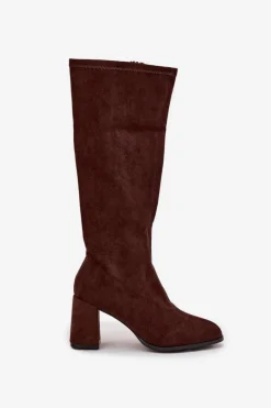 Clearance Kozaki Damskie Na Słupku Z Eko Zamszu Czekoladowe Yelisse Damskie Kozaki Ocieplane|Kozaki Na Słupku