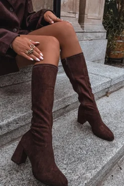 Clearance Kozaki Damskie Na Słupku Z Eko Zamszu Czekoladowe Yelisse Damskie Kozaki Ocieplane|Kozaki Na Słupku