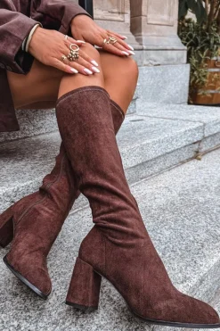 Clearance Kozaki Damskie Na Słupku Z Eko Zamszu Czekoladowe Yelisse Damskie Kozaki Ocieplane|Kozaki Na Słupku