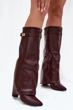 Kozaki Ocieplane|Kozaki Na Słupku>Boto Kozaki Damskie Na Słupku Z Wywiniętą Cholewką I Złotym Detalem Bordowe Diorna Czerwony