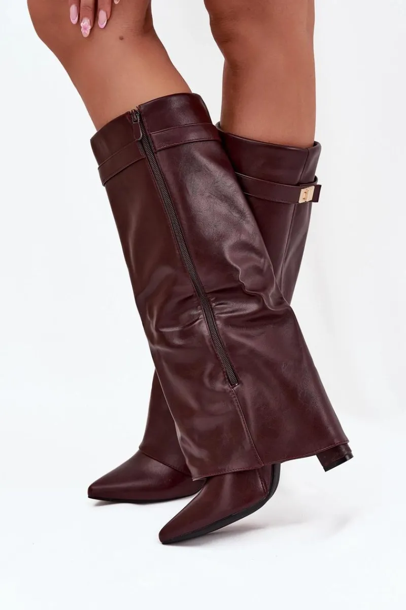 Kozaki Ocieplane|Kozaki Na Słupku>Boto Kozaki Damskie Na Słupku Z Wywiniętą Cholewką I Złotym Detalem Bordowe Diorna Czerwony