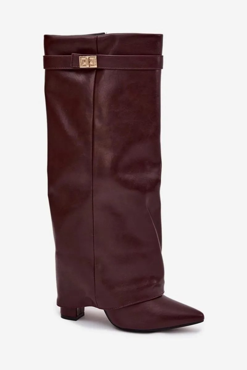 Kozaki Ocieplane|Kozaki Na Słupku>Boto Kozaki Damskie Na Słupku Z Wywiniętą Cholewką I Złotym Detalem Bordowe Diorna Czerwony